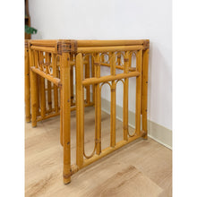 Load image into Gallery viewer, Vintage Rattan End Table Pair Arched Inlay Glass Top Coastal Boho MCM
