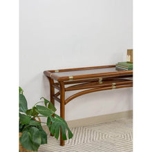 Load image into Gallery viewer, Dark Bentwood Brass Console Table Glass Top Vintage MCM Sofa Table
