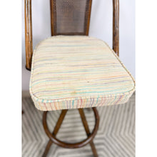 Load image into Gallery viewer, 3 Vintage Coastal Bamboo Barstools Dark Rattan w/ Beige Cushions and Caned Back
