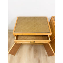 Load image into Gallery viewer, Coastal Bamboo Parquet Nightstand Pair Glass Top Hollywood Regency MCM
