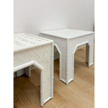 Load image into Gallery viewer, Vintage Side Tables White Painted Parquet Faux Bamboo Regency Pair Accent
