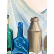 Load image into Gallery viewer, Vintage Original Oil Painting Still Life Bottles Jugs, Framed Art, Canvas, Blue
