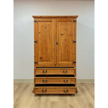 Load image into Gallery viewer, Vintage Armoire Knotty Pine Mexican Iron Hardware Coat Rack Three Drawer

