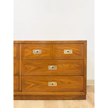 Load image into Gallery viewer, Vintage MCM Dixie Act 2 Campaign Style Dresser Brass Pulls Warm Wood Tone Lowboy
