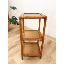 Load image into Gallery viewer, Vintage Woven Rattan Shelf Table Glass Top Coastal Boho Accent Hollywood Regency
