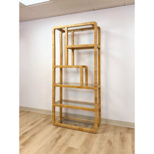 Load image into Gallery viewer, Coastal Etagere Rattan Wrapped Milo Baughman Style Five Tier Glass Shelf MCM
