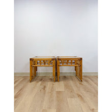 Load image into Gallery viewer, Vintage Rattan End Table Pair Arched Inlay Glass Top Coastal Boho MCM
