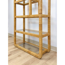 Load image into Gallery viewer, Coastal Etagere Rattan Wrapped Milo Baughman Style Five Tier Glass Shelf MCM
