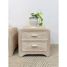 Load image into Gallery viewer, Pair of Vintage Pencil Reed Rattan Nightstand Coastal Hollywood Regency Tables
