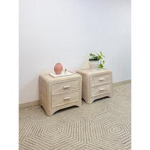 Load image into Gallery viewer, Pair of Vintage Pencil Reed Rattan Nightstand Coastal Hollywood Regency Tables
