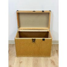 Load image into Gallery viewer, Vintage Blonde Woven Wicker Chest, Brass Clamp Hardware Storage, Coastal Trunk
