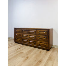 Load image into Gallery viewer, Vintage MCM Nine Drawer Dresser with Bowtie Inlay Retro Walnut Bedroom Storage
