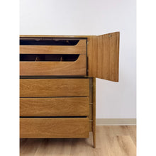 Load image into Gallery viewer, Mid Century Tallboy Dresser MCM Five Drawer Brass Accent Warm Gray Tone Wood
