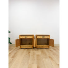 Load image into Gallery viewer, Coastal Bamboo Parquet Nightstand Pair Glass Top Hollywood Regency MCM
