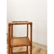 Load image into Gallery viewer, Vintage Woven Rattan Shelf Table Glass Top Coastal Boho Accent Hollywood Regency
