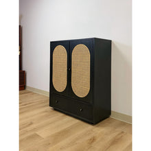 Load image into Gallery viewer, Bobby Berk Modern Black Tallboy Cabinet, Beige Oval Cane Inlay MCM Style
