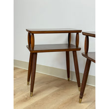 Load image into Gallery viewer, Vintage End Tables MCM Atomic Two-Tier Wood Laminate Pair Retro Accent
