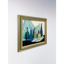Load image into Gallery viewer, Vintage Original Oil Painting Still Life Bottles Jugs, Framed Art, Canvas, Blue
