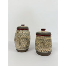 Load image into Gallery viewer, Studio Pottery Speckled Brown Jar Pair Red Detail Lids Vintage MCM
