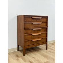Load image into Gallery viewer, Vintage MCM Walnut Five Drawer Dresser Tallboy Sculpted Pulls, Dovetail Joinery
