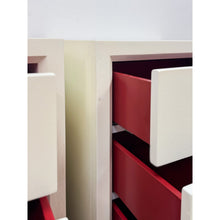 Load image into Gallery viewer, Pair of Mitchell Gold &amp; Bob Williams White Nightstands, Red Drawers Brass Pulls
