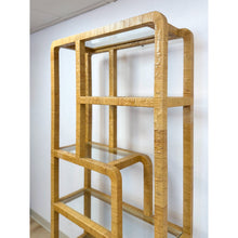 Load image into Gallery viewer, Coastal Etagere Rattan Wrapped Milo Baughman Style Five Tier Glass Shelf MCM
