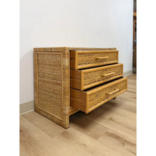 Load image into Gallery viewer, Vintage Chest Coastal Wicker Rattan Three Drawer Boho Hollywood Regency Dresser
