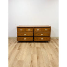 Load image into Gallery viewer, Vintage MCM Dixie Act 2 Campaign Style Dresser Brass Pulls Warm Wood Tone Lowboy
