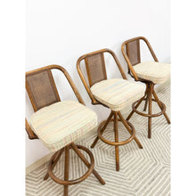Load image into Gallery viewer, 3 Vintage Coastal Bamboo Barstools Dark Rattan w/ Beige Cushions and Caned Back
