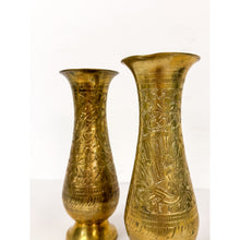 Load image into Gallery viewer, Pair of Vintage Hand Etched Brass Flower Vase Hollywood Regency Vessels MCM
