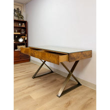 Load image into Gallery viewer, Vintage John Stuart MCM Burlwood Executive Desk Bronze Legs Collectable w/Glass

