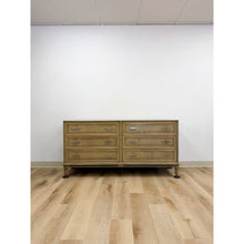 Load image into Gallery viewer, Vintage MCM Gray Washed Blonde Dresser Six Drawer With Metal Handles
