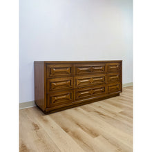 Load image into Gallery viewer, Vintage MCM Nine Drawer Dresser with Bowtie Inlay Retro Walnut Bedroom Storage
