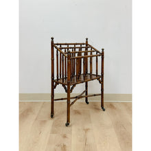 Load image into Gallery viewer, Vintage Magazine Rack English Canterbury Dark Faux Bamboo Wheels Rare Find
