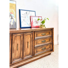 Load image into Gallery viewer, Vintage MCM 9 Drawer Lowboy Dresser Brown with Metal Pulls Coastal Mid Century
