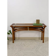 Load image into Gallery viewer, Dark Bentwood Brass Console Table Glass Top Vintage MCM Sofa Table
