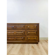 Load image into Gallery viewer, Vintage MCM Nine Drawer Dresser with Bowtie Inlay Retro Walnut Bedroom Storage
