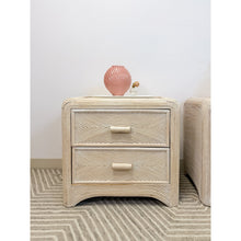 Load image into Gallery viewer, Pair of Vintage Pencil Reed Rattan Nightstand Coastal Hollywood Regency Tables
