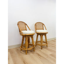 Load image into Gallery viewer, Vintage Coastal Hollywood Regency Caned Rattan Swivel Barstools Counter Height
