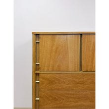 Load image into Gallery viewer, Mid Century Tallboy Dresser MCM Five Drawer Brass Accent Warm Gray Tone Wood
