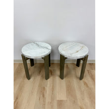 Load image into Gallery viewer, Vintage Round End Tables Beige Marble Top Gray Metal Base Pair Modern Accent
