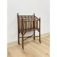 Load image into Gallery viewer, Vintage Magazine Rack English Canterbury Dark Faux Bamboo Wheels Rare Find
