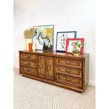 Load image into Gallery viewer, Vintage MCM 9 Drawer Lowboy Dresser Brown with Metal Pulls Coastal Mid Century
