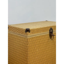 Load image into Gallery viewer, Vintage Blonde Woven Wicker Chest, Brass Clamp Hardware Storage, Coastal Trunk
