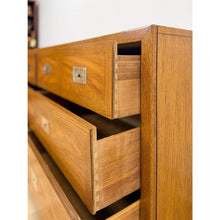 Load image into Gallery viewer, Vintage MCM Dixie Act 2 Campaign Style Dresser Brass Pulls Warm Wood Tone Lowboy
