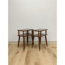 Load image into Gallery viewer, Vintage End Tables MCM Atomic Two-Tier Wood Laminate Pair Retro Accent
