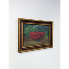 Load image into Gallery viewer, Antique Oil Painting Still Life Bowl of Cherries, Gold Frame Art, Green Accents

