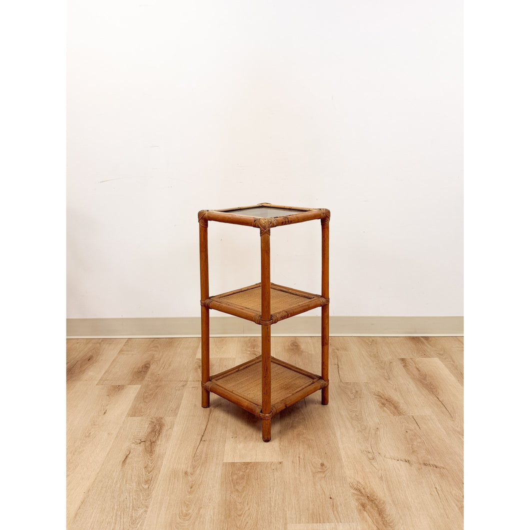 Vintage Woven Rattan Shelf Table Glass Top Coastal Boho Accent