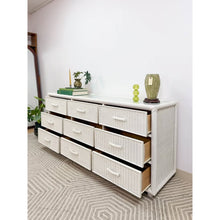 Load image into Gallery viewer, Vintage White Wicker 9 Drawer Dresser with Glass Top Coastal Bedroom Storage
