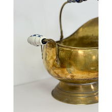 Load image into Gallery viewer, Antique Brass and Blue Porcelain Coal Scuttle Helmet Form Early 20th Century
